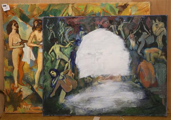 Modern British, oil on canvas, Female bathers beside a river, 69 x 92cm, unframed and a similar unfinished work